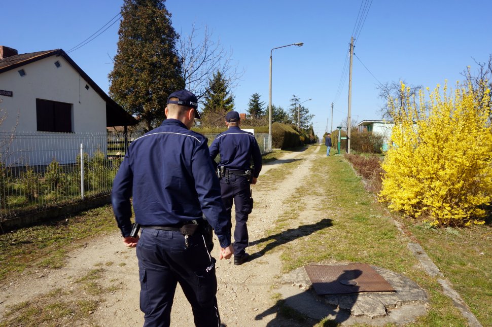 Policjanci podczas służby kontrolują ogórki działkowe.