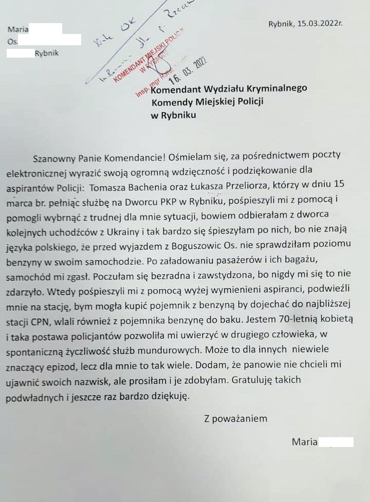 Podziękowania dla policjantów za okazaną pomoc.