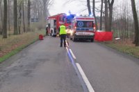 miejsce wypadku w tle na jedni policjant karetka i wóz straży pożarnej.