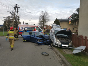 Służby na miejscu kolizji drogowej. Uszkodzone dwa pojazdy.