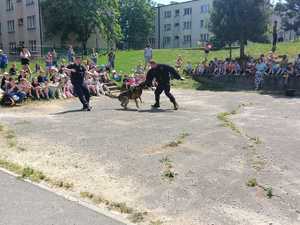 Policjanci podczas prezentacji psa służbowego z okazji Dnia Dziecka.