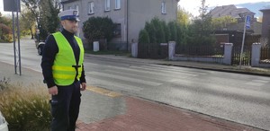 Policjant stoi przy przejściu dla pieszych.