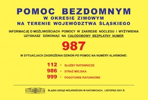 Plakat &quot;Pomoc bezdomnym w okresie zimowym na terenie województwa śląskiego&quot;.