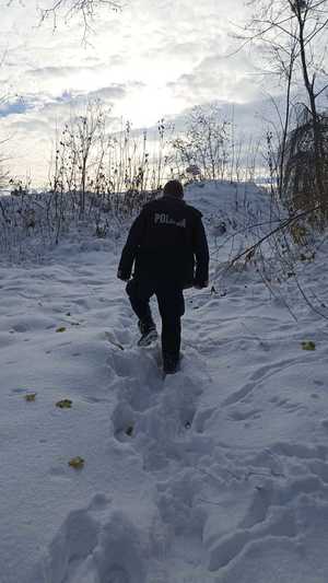 Policjant w zaspie śniegu kontroluje tereny leśne.