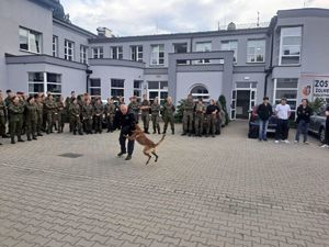 Na zdjęciu przewodnik psa służbowego rozmawia z młodzieżą z klas mundurowych.