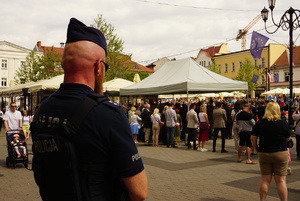 Na zdjęciu policjant podczas zabezpieczenia obchodów Święta Konstytucji 3 Maja.