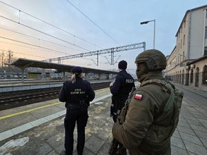 Na zdjęciu funkcjonariusze służb pełnią służbę podczas akcji w rejonie przejazdu kolejowego.