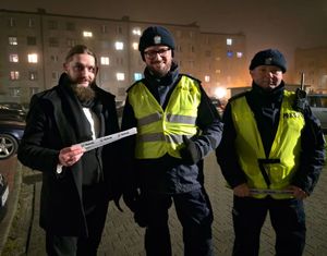 Na zdjęciu policjanci wspólnie z przedstawicielami samorządu rozdają mieszkańcom odblaski.