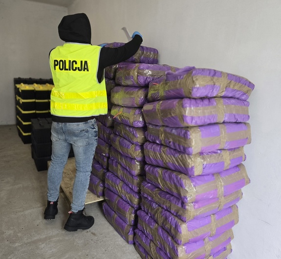 Na zdjęciu policjant podczas prowadzenia oględzin zabezpieczonej krajanki tytoniowej.