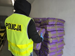 Na zdjęciu policjant podczas prowadzenia oględzin zabezpieczonej krajanki tytoniowej.