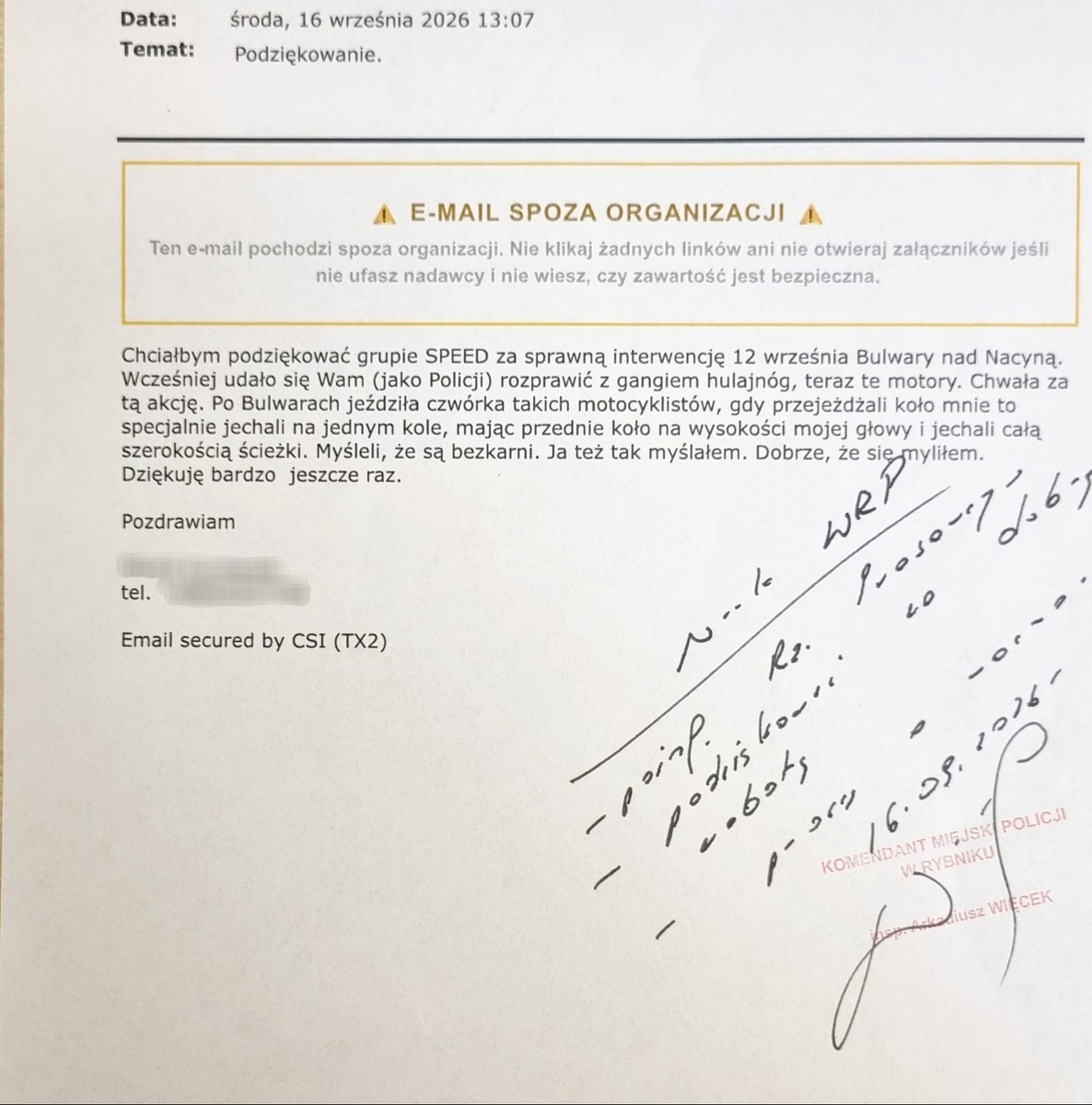 Podziękowania dla grupy Speed za interwencję na Bulwarach nad Nacyną